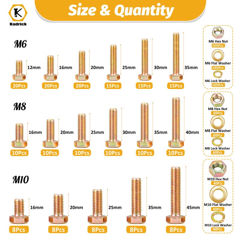 Kadrick 820Pcs Grade 8.8 Metric Bolt Assortment, M6 M8 M10 Hex Heavy Duty Bolts and Nuts Kit,M6 x1.0 M8 x1.25 M10-1.5 (12mm to 45mm),Yellow Zinc Plated - Image 2